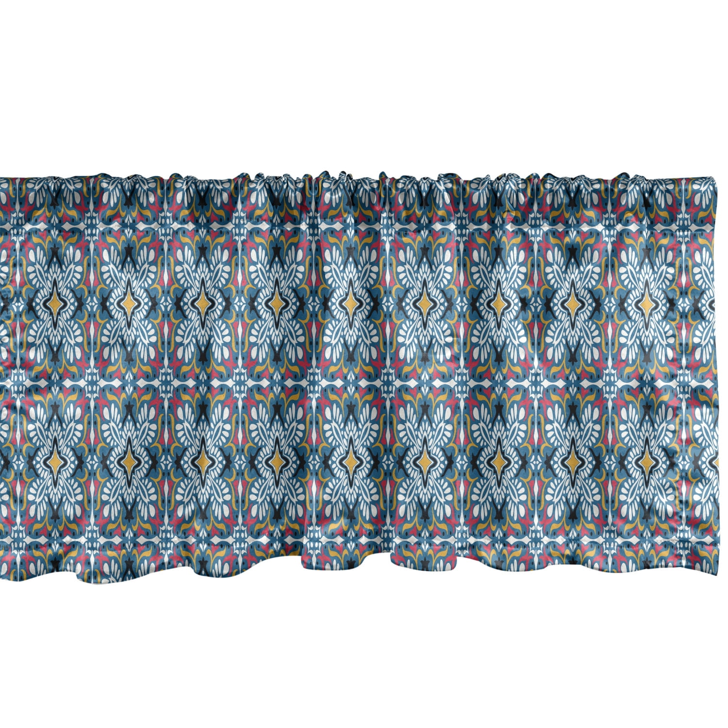 Boho Window Valance Pack of 2, Azulejo Style Floral Tile Like