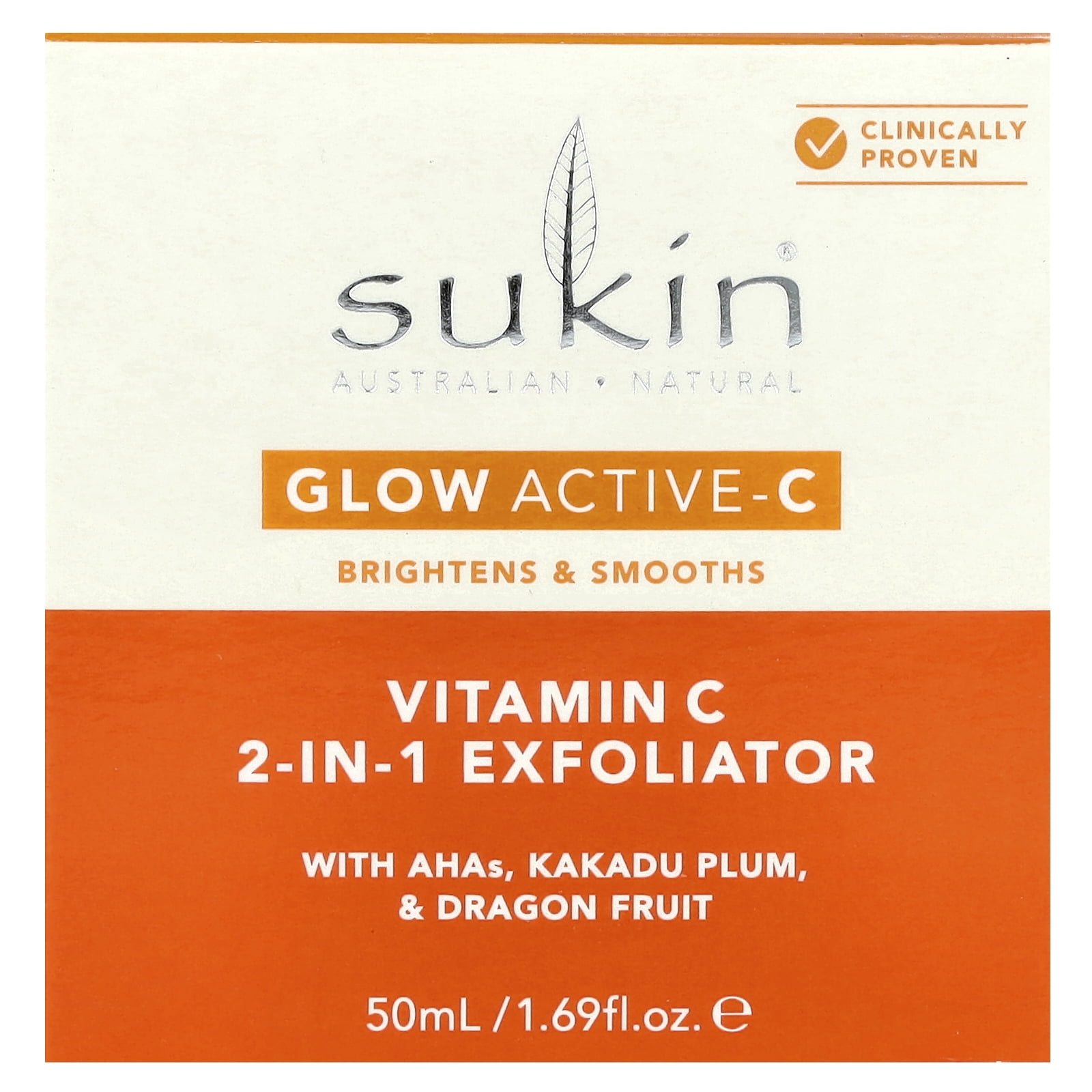 Sukin Glow Active-C, Vitamin C 2-In-1 Exfoliator, 1.69 fl oz (50 ml)