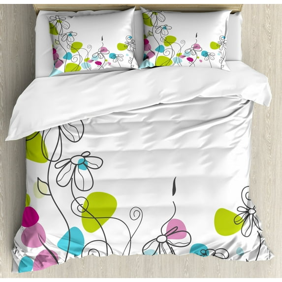 Floral Duvet Cover Set King Size, Chamomiles Daisy Flowers Spring Florets Blossoms Buds Leaves Nature Summer Design, Decorative 3 Piece Bedding Set with 2 Pillow Shams, Multicolor, by Ambesonne