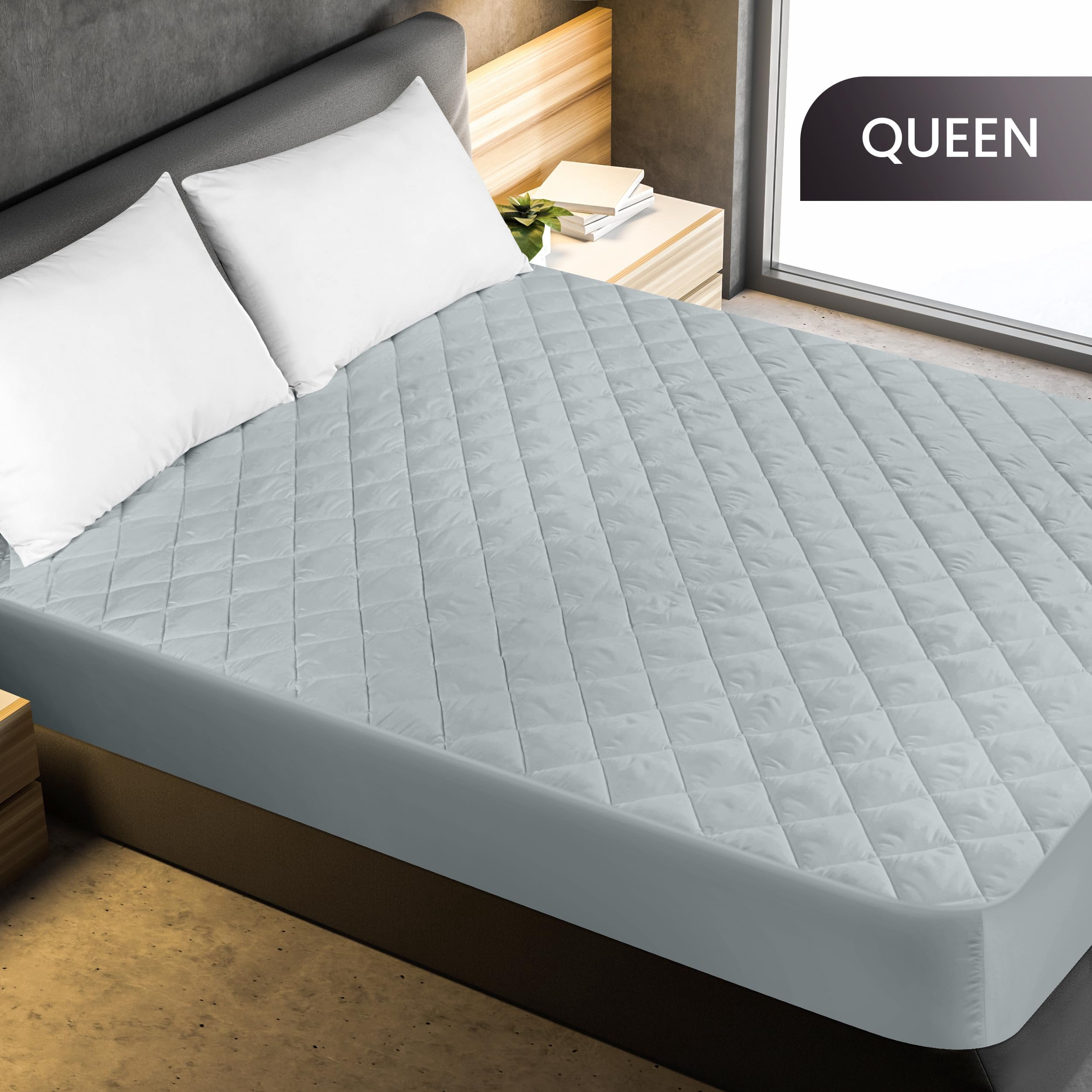 Utopia Bedding Quilted Fitted Mattress Pad, Queen Size, Elastic Fitted Mattress Topper Protector and Cover with Deep Pocket Stretches up to 16 Inches, Machine Washable (Light Grey)