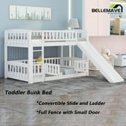 Bellemave Twin over Twin Bunk Bed , Floor Bunk Bed with Slide, Ldder, Door Openable Fence, Wooden Bunk Bed (White)