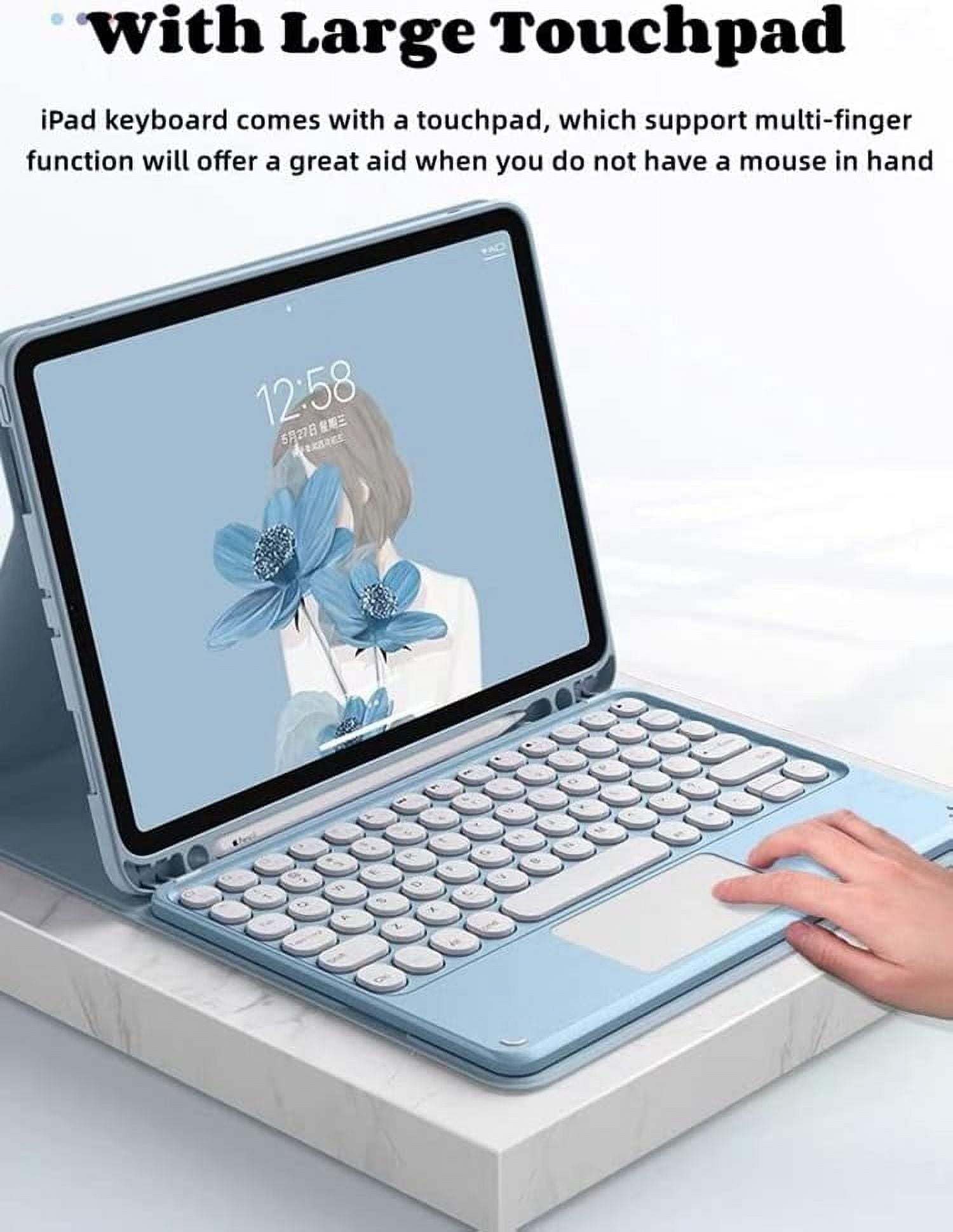 REQO iPad 9th/8th/7th Generation Keyboard Case with Touchpad and Pencil Holder, Round Keys Detachable Trackpad Keyboard for iPad9/iPad8/iPad7/Air3/Pro10.5, Blue