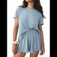 thumbnail image 3 of Conjunto de Pijama de Verano de 2 Piezas de Punto Acanalado y Corta para Mujer, Suave y Cómodo, para Estar en Casa. Azul XL, 3 of 9