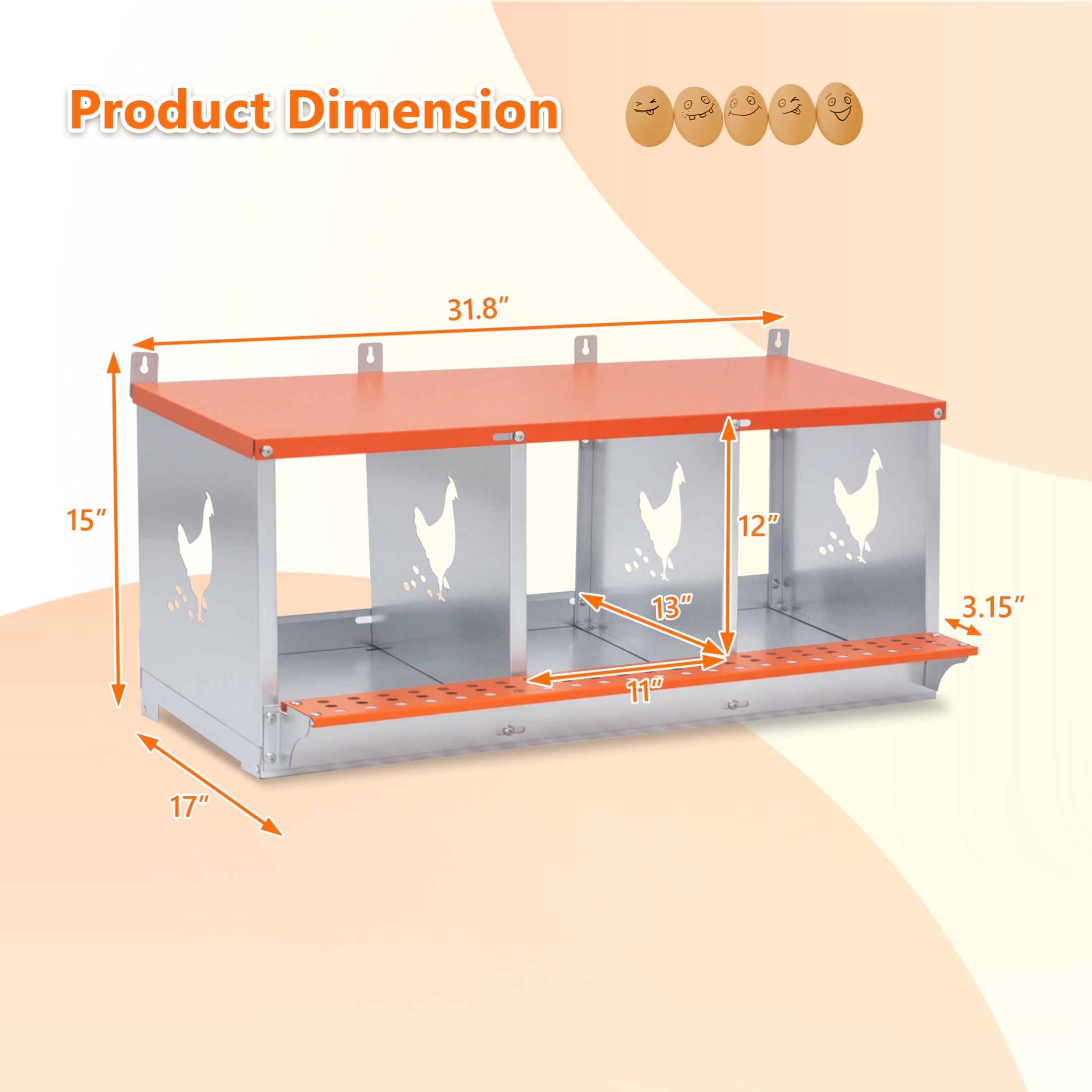 Noble House 3-Bay Wall-Mount Steel Nesting Box with Ventilation, Easy Egg Collection, for Chickens, Ducks, Orange