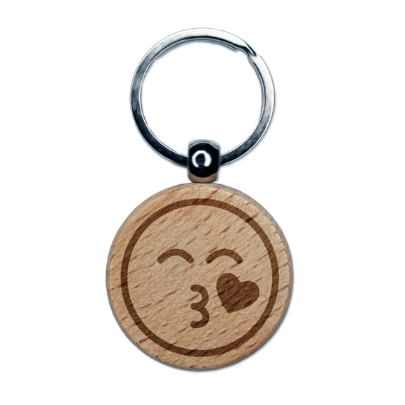 Kiss Face Heart Love Emoticon Round Keychain Charm Tag - Engraved Wood