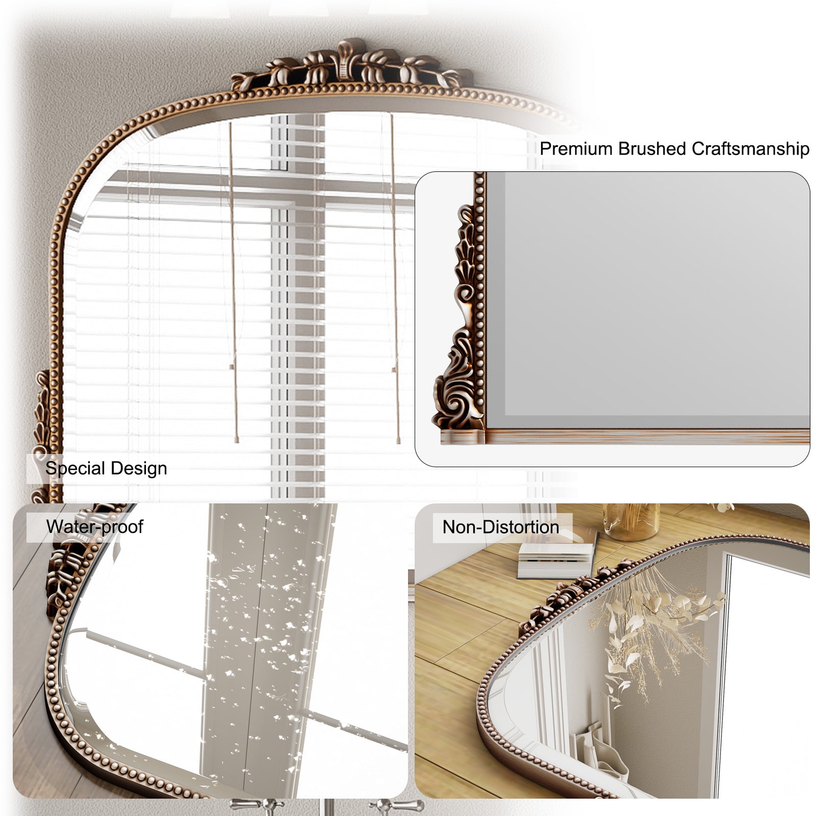Puremirror 36"x27" Antique Arched Bathroom Mirror Wall Mounted Vintage Mirror, Silver