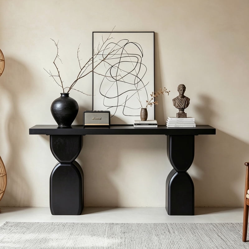 47.24" Modern Console Table, Accent Sofa Side Table with Two Sculptural Legs, Entryway Display Table with Wood Veneer Finish