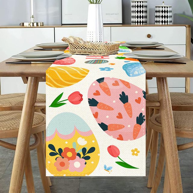 Chemin de Table de Pâques, Drapeau de Table de Pâques, Nappe en Lin Imprimée Lapin Œuf Petit Gnome, 1x Chemin de Table en Liquidation