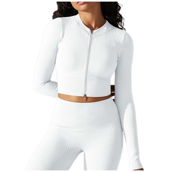 HJYCHN Women's Ribbed Yoga Cardigan Long Sleeve Solid Color Running Jacket for and Casual Comfort Wear White S
