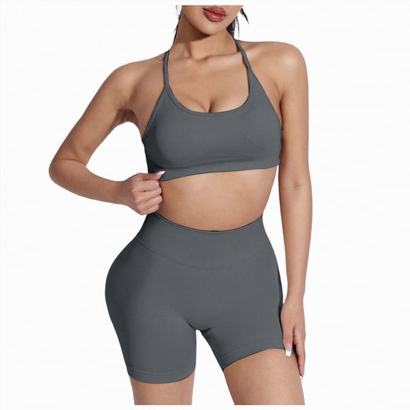 TOWED22 Workout Sets for Women 2 Piece Seamless Ribbed Crop Tank High Waist Shorts Yoga Outfits(Grey,S)