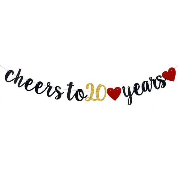 Cheers to 20 Years Black Glitter Banner, 20th Birthday/Wedding Anniversary Party Decorations Bunting Sign Backdrops