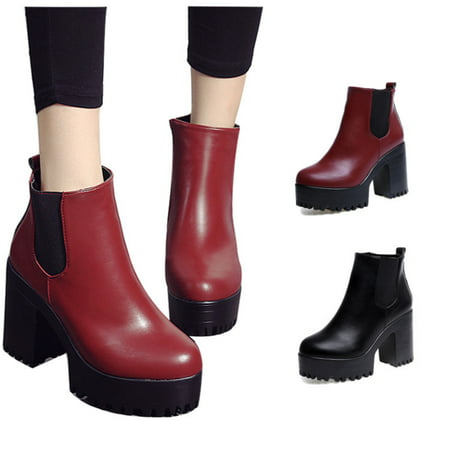 Winter Women Chelsea Chunky Shoes Ankle Boots Platform Block High Heels