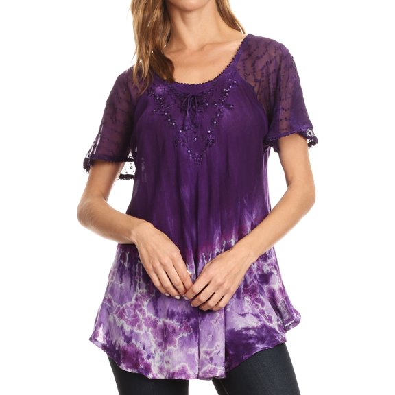 Sakkas Clarice Petite Raglan Lace Up Tie Dye Blouse with Embroidery and Sequins - Purple - One Size