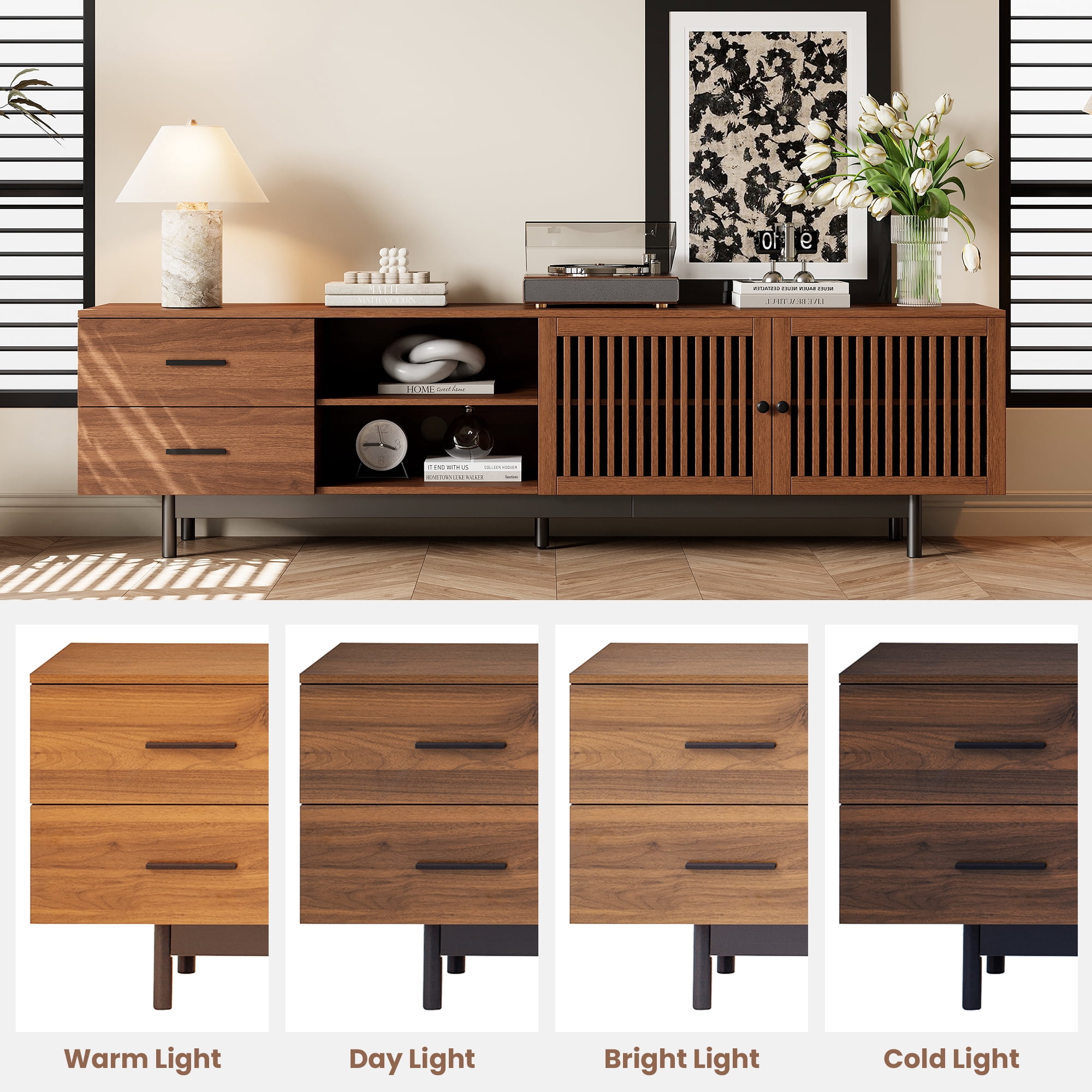 TV Stand for TVs up to 85 Inch, Entertainment Center with Slatted Doors & 2 Deep Drawers, Media Console with Solid Wood Legs for Living Room