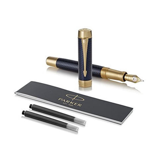PARKER Duofold Centennial Fountain Pen, Prestige Blue Chevron, Fine Solid Gold Nib, Black Ink and Convertor (1931369)