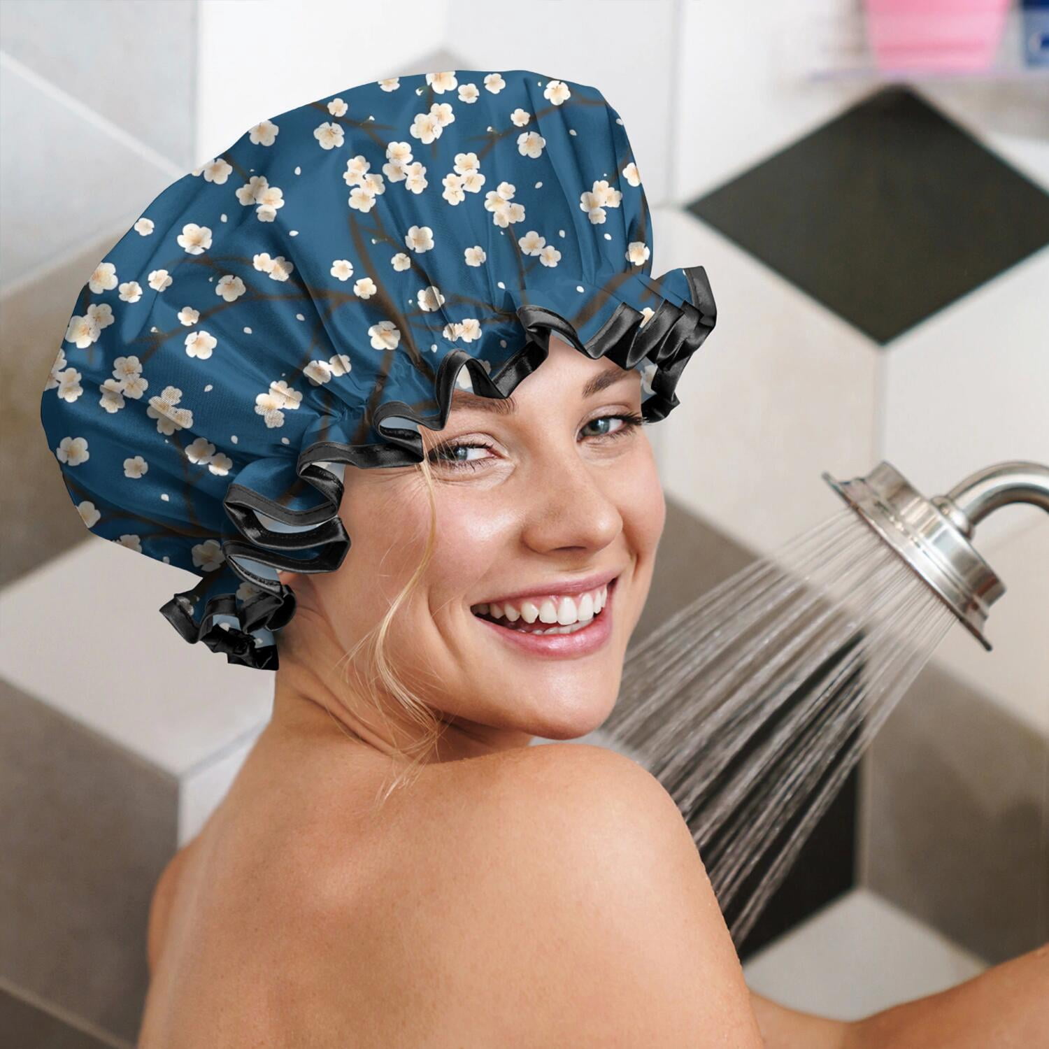 Shower Caps,Pioneer Flower Floral Print Pattern Waterproof Shower Cap for Women 4 Pieces,Double Reusable Hair Cover for Shower PEVA Elastic Stretch Hem
