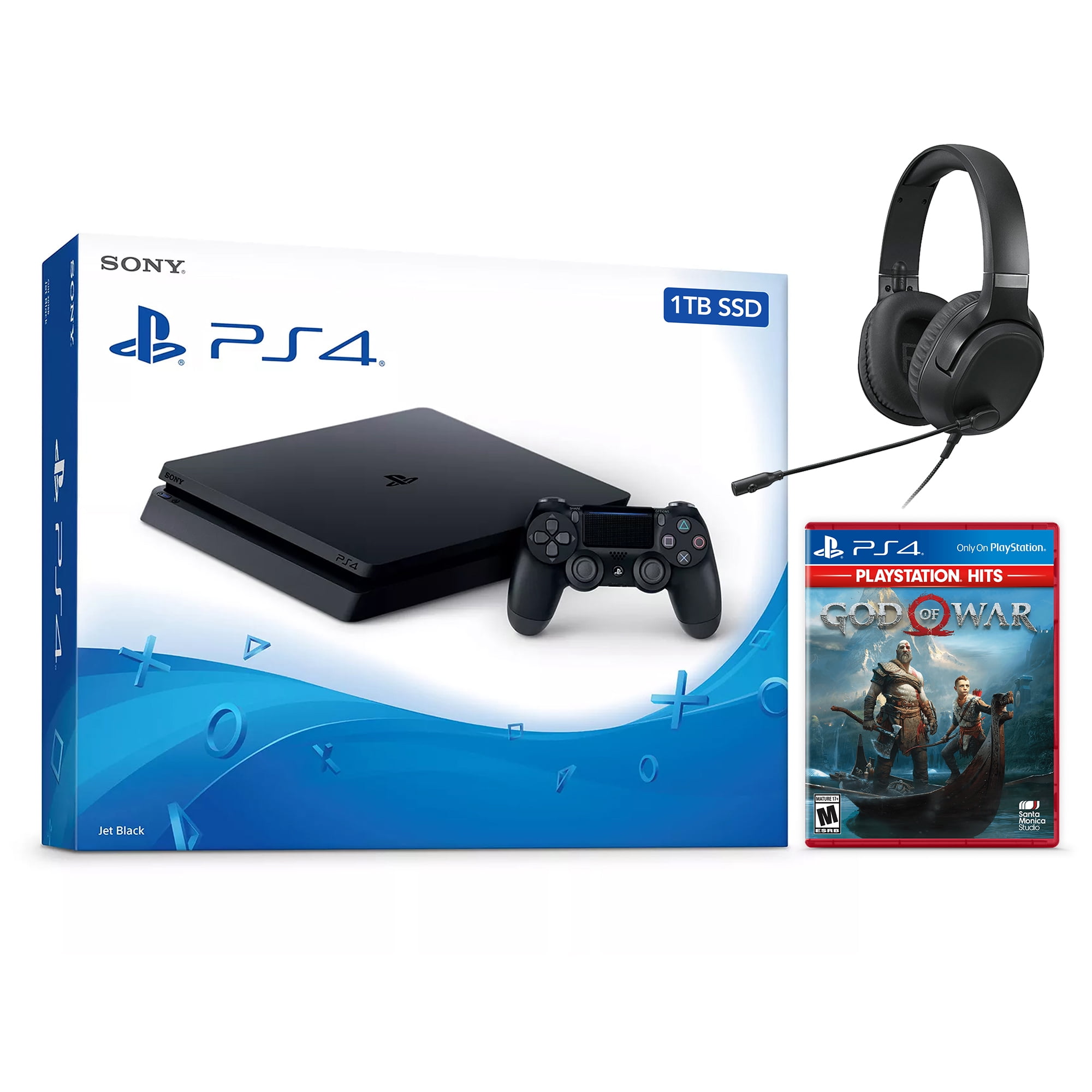Sony PlayStation 4 Slim God of War PlayStation Hits Bundle Upgrade 1TB SSD Console, Jet Black, with Mytrix Chat Headset - Fast Solid State Drive Enhanced PS4 Console - Walmart.com
