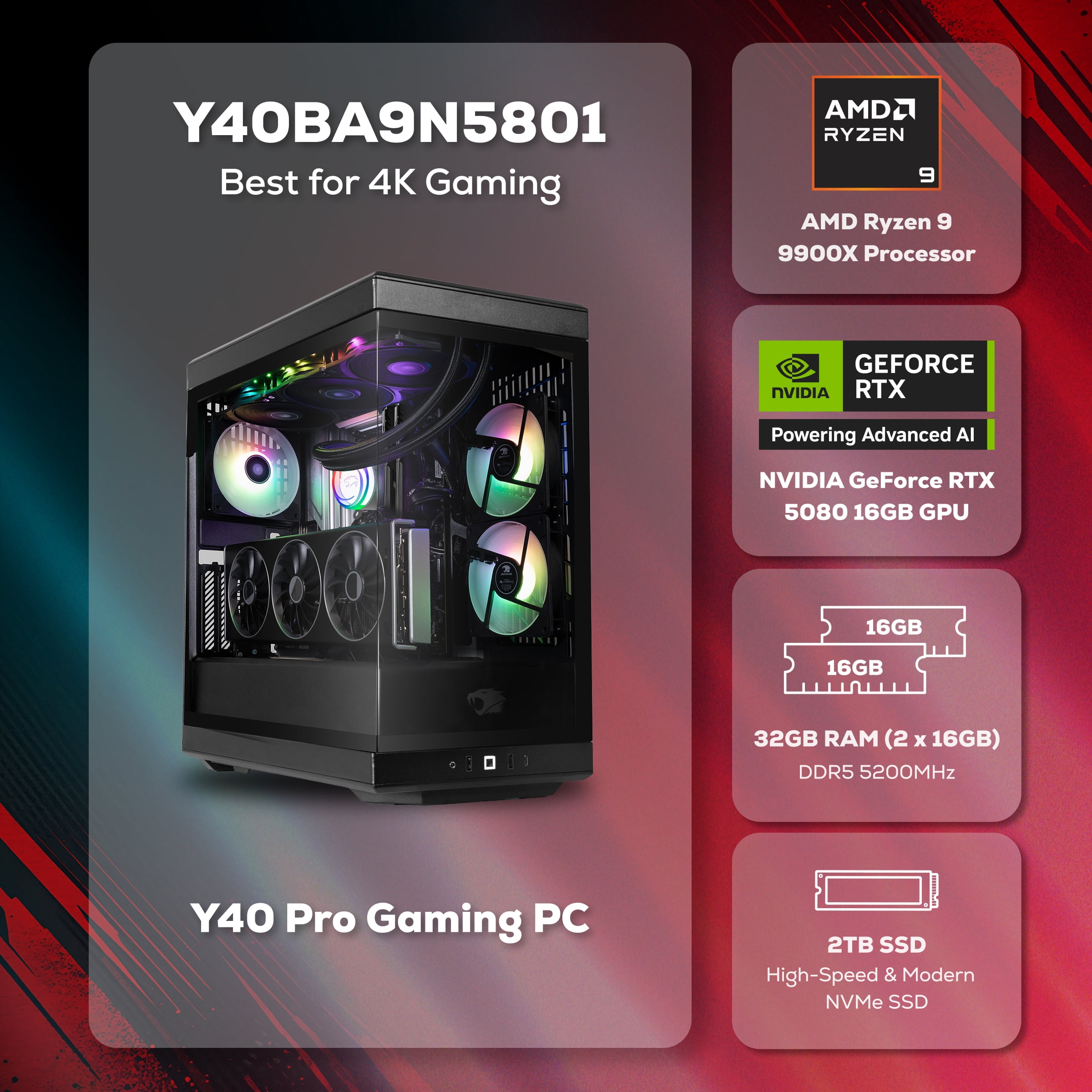 iBUYPOWER Y40 PRO Black Gaming PC Desktop Computer AMD Ryzen 9 9900X CPU, NVIDIA GeForce RTX 5080 16GB GPU, 32GB DDR5 RGB RAM, 2TB NVMe SSD, Windows 11 Home, Keyboard, Mouse - Black Y40BA9N5801