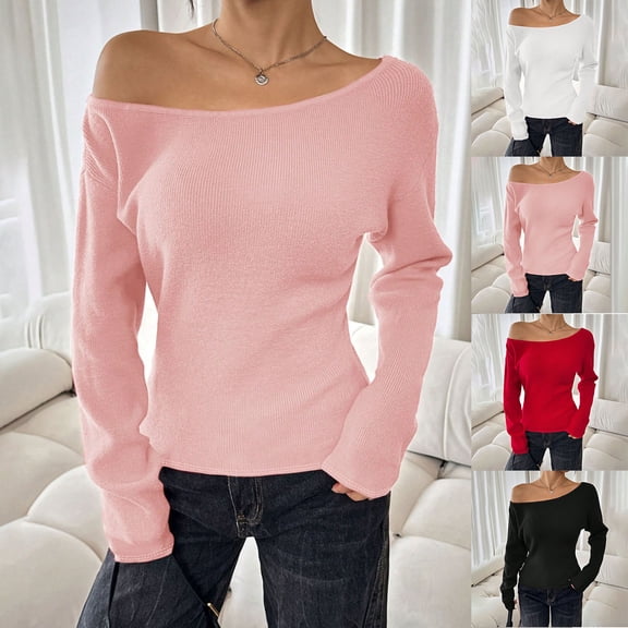 FRSASU Womens Boat Neck Sweaters Solid Color Long Sleeve off Shoulder Winter Loose Knit Pullover Tops White