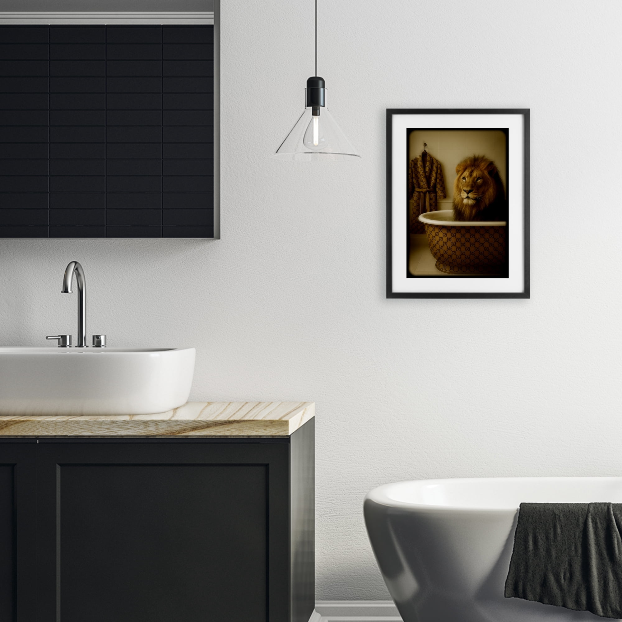 Stupell Industries Couture Lion in Luxury Tub Black Framed Print Under Glass, design by Grotto Studios