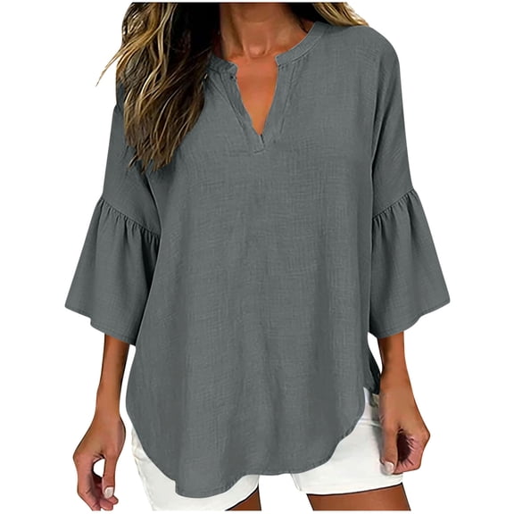 VEKDONE 3/4 Sleeve Tops for Women Summer Linen V Neck Ruffled Sleeve Shirts Casual Loose Fit Lightweight Gauze Blouses Fashion Solid Color Flowy Pullover Top Gray XXL