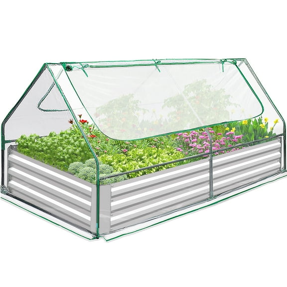 Quictent 6x3x1 ft Galvanized Raised Garden Bed with Cover Metal Planter Box Kit, Mini Greenhouse for Outdoor Growing Vegetables, Clear