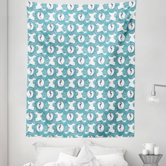 Blue Nautical Tapestry, Curves Rounds with Seahorse Silhouettes on a Plain Background, Fabric Wall Hanging Decor for Bedroom Living Room Dorm, 5 Sizes, Seafoam Dark Sky Blue, by Ambesonne