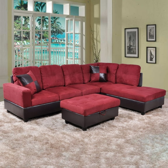 Pon Living Furniture Inc Hermann 3-Pcs Contemporary Sectional Sofa Living Room Set, Cherry Red
