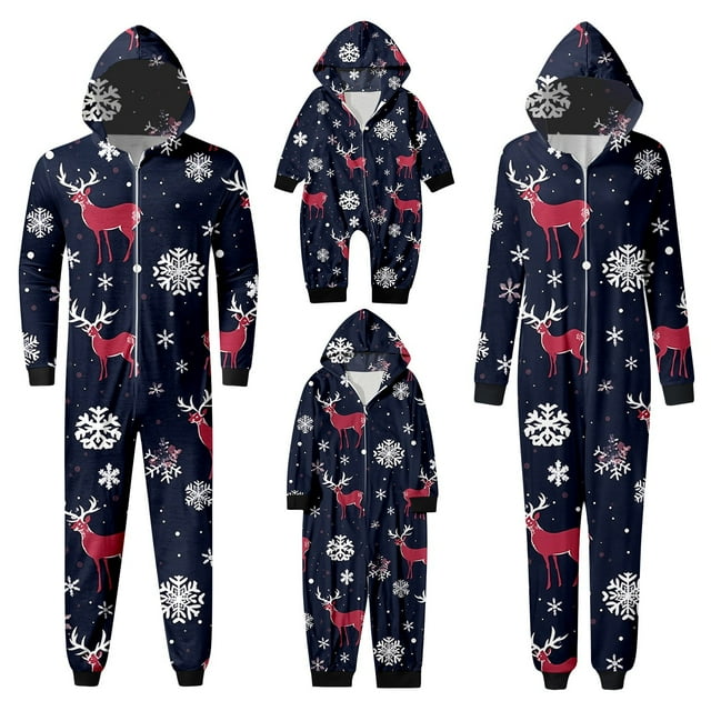 Fgnfyis Pyjamas de Famille à Imprimé de Noël, Tenue d'Intérieur à Capuche, Pyjamas de Noël pour Femmes, Navy_003 L