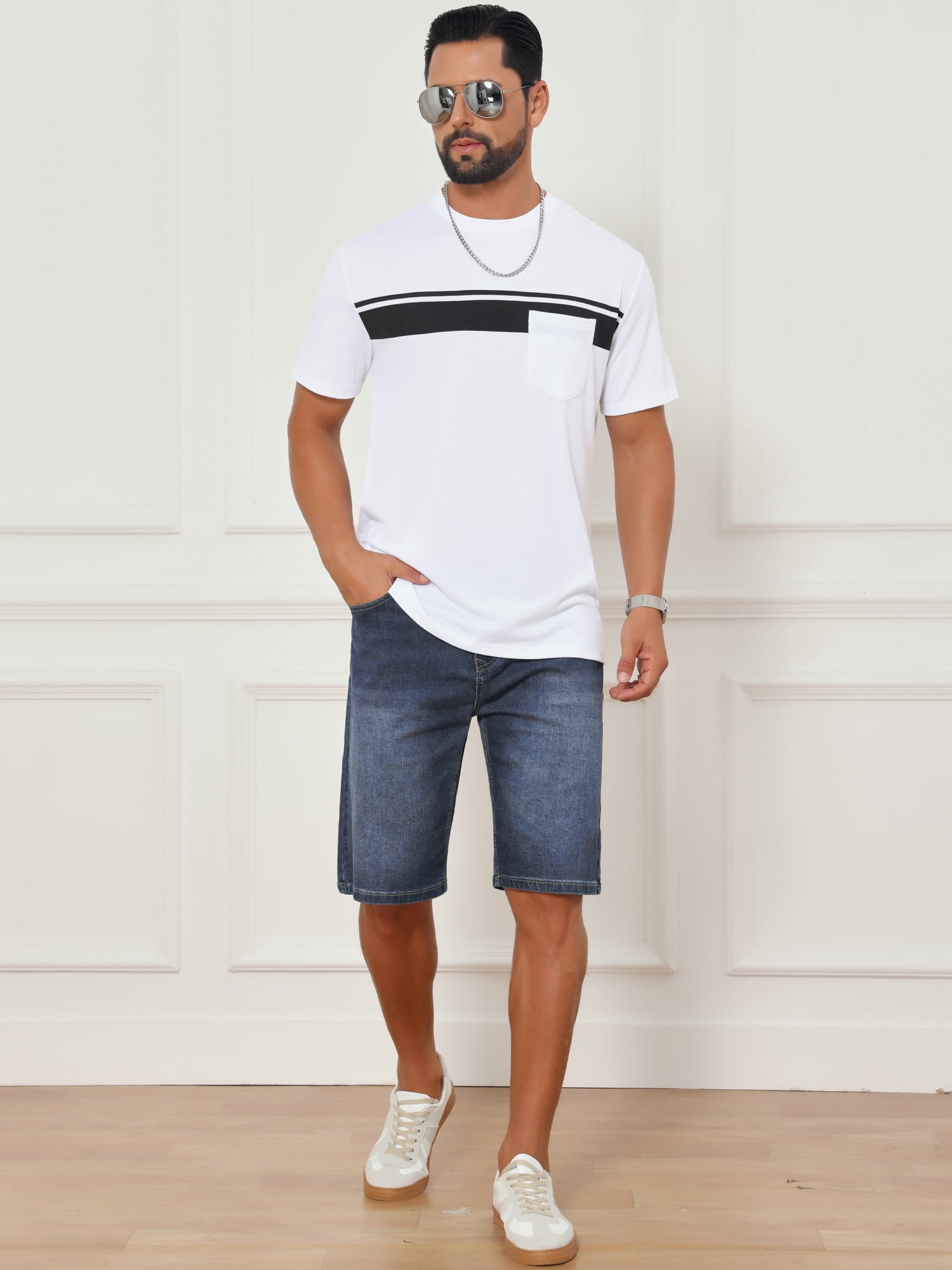 DARING DIVA Men's Chest Pocket Striped Print Crew Neck Short Sleeve T-Shirt XL White