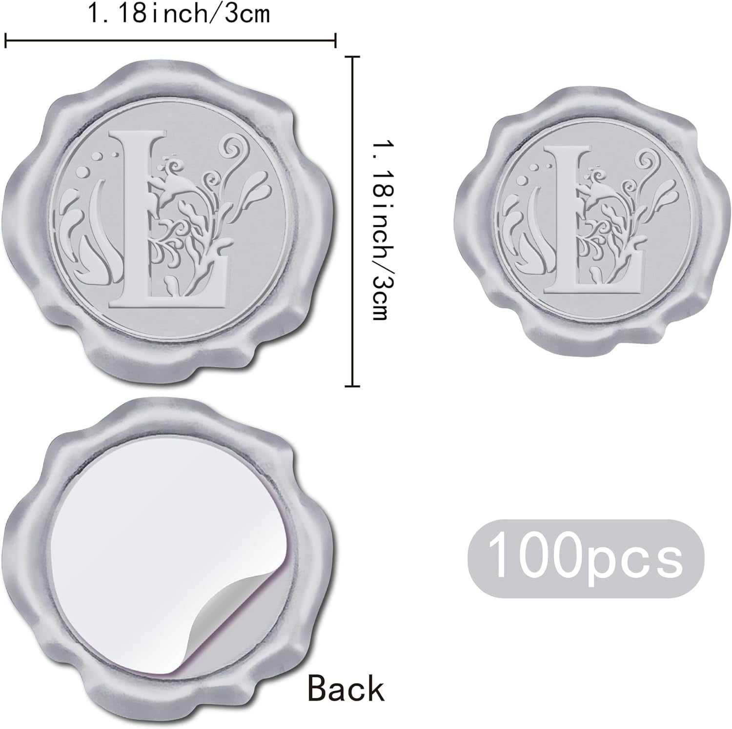 100 Silver Vintage Letter L Wax Seal Stickers Self-Adhesive Round Glossy Finish Letter Print Floral Theme Perfect for Scrapbook Envelopes Cards Gift Wrapping