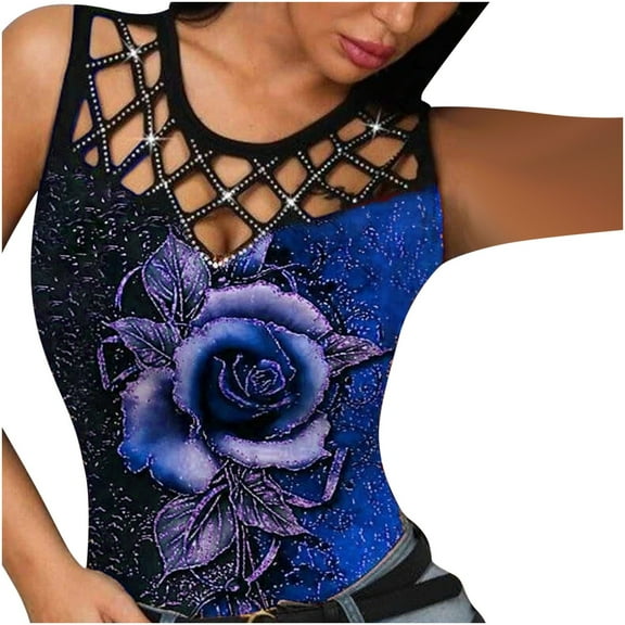 Kakina CMSX Tank Tops for Women Clearance Women's Fashion O-Neck Slim Print Rose Hollow Sleeveless Vest T-Shirt Blouse Deals