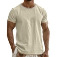 thumbnail image 3 of Men's Linen Cotton T-Shirt, Casual Button Down Tee, Short Sleeve Crewneck Relaxed Fit, Breathable Quick Dry Moisture Wicking, For Gym Workout Beach Vacation Daily Wear | Zenithor,Beige L, 3 of 6