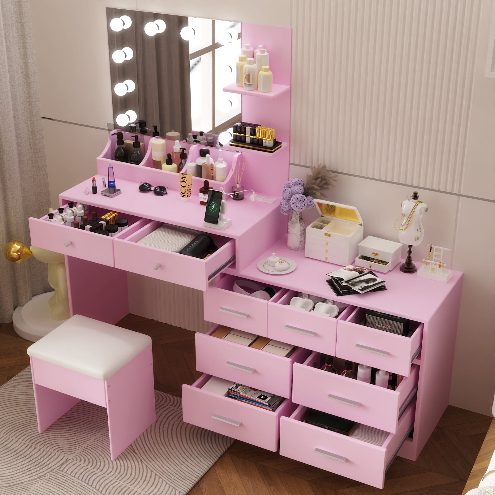 9-Drawer 2-Shelf 3-Desktop Storage Dressing Table Set, Dressing table with 3-Color Light Bulbs Combined Cabinets Particleboard with Textured Melamine Finish, 31.5*15.75*55.1in, Pink