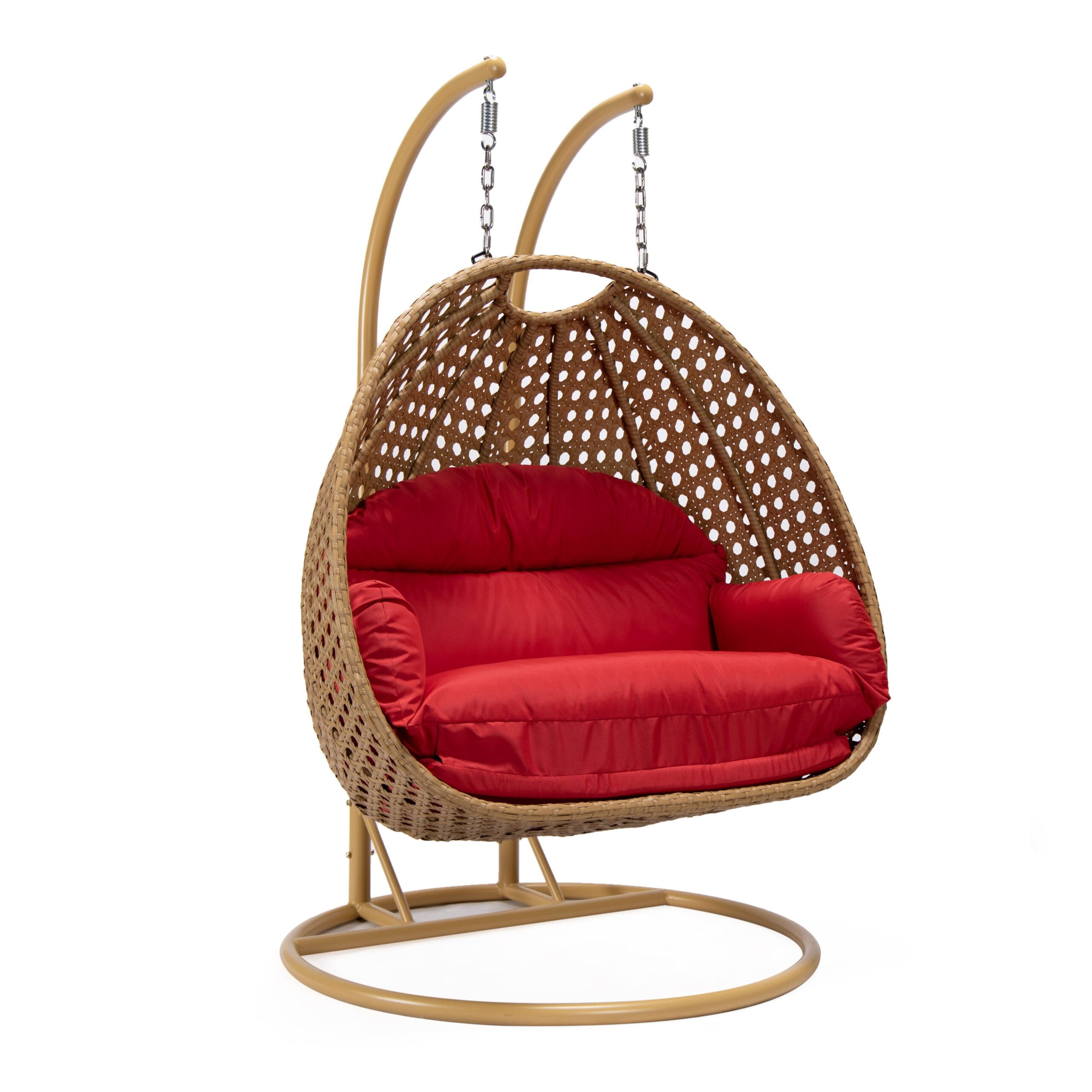 LeisureMod Mendoza Light Brown Wicker Hanging 2 Person Egg Swing Chair with Stand & Red Cushions