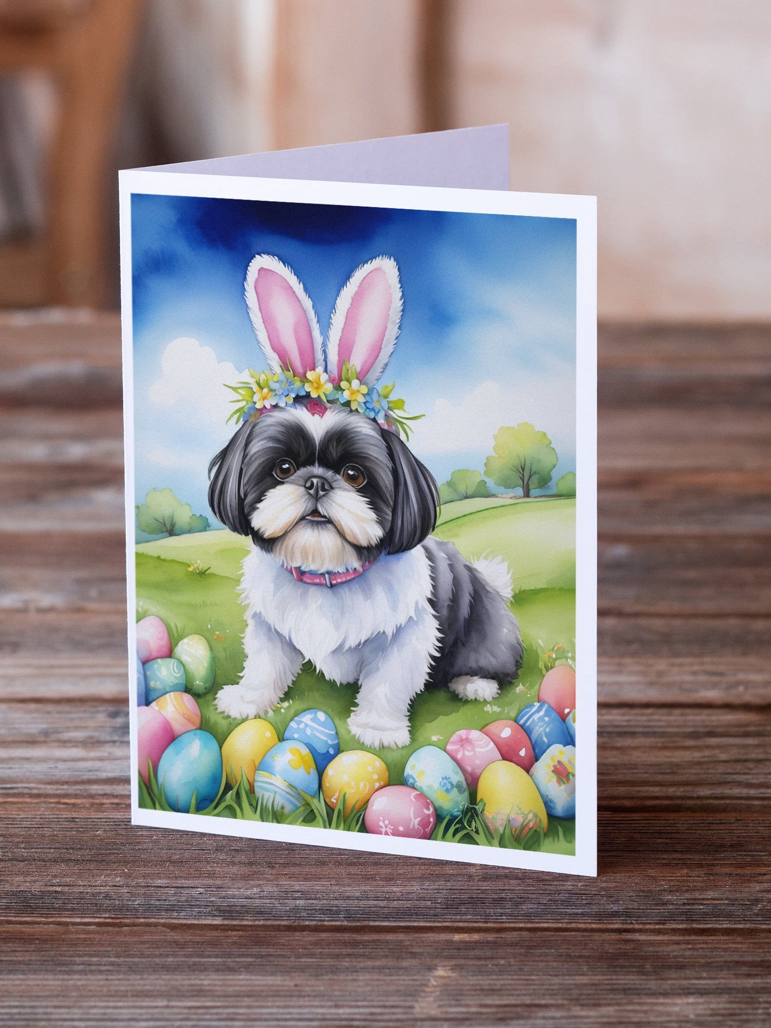 Shih Tzu Easter Egg Hunt Greeting Cards Pack of 8 7 in x 5 in