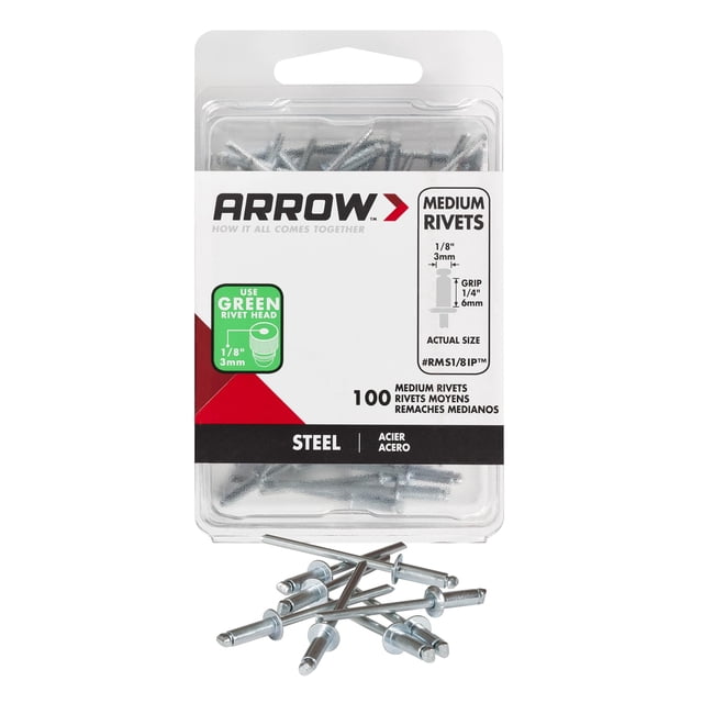 Remaches Pop Arrow RMS1/8IP Acero, agarre de 3 mm, 6 mm, paquete de 100