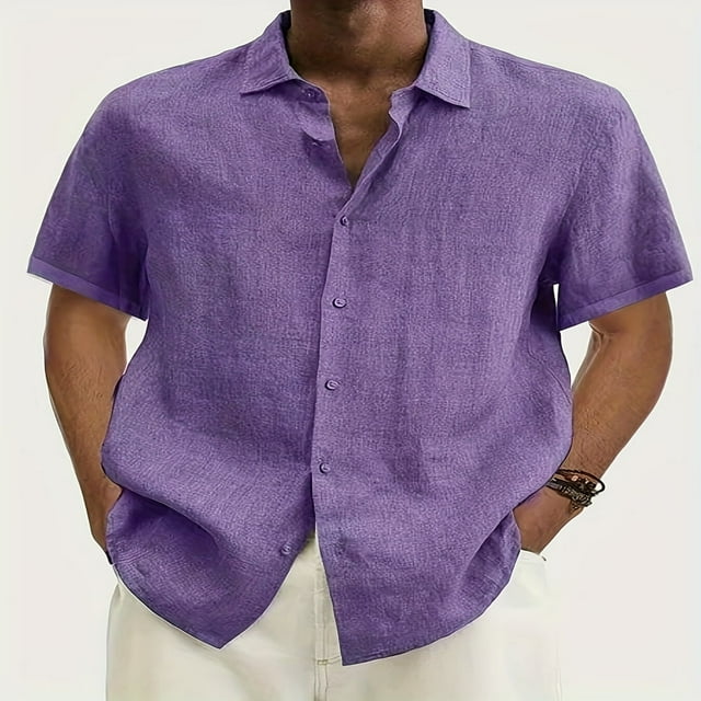 Men‘s Linen Casual Short Sleeve Shirts Button Down Summer Beach Shirt,M Light Blue