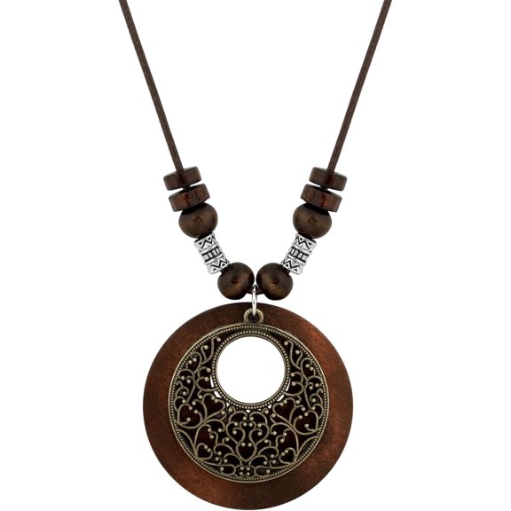 Retro Ethnic Wooden Sweater Necklace, Long Chain, Round Clock Pendant, Vintage Jewelry Gifts for Women