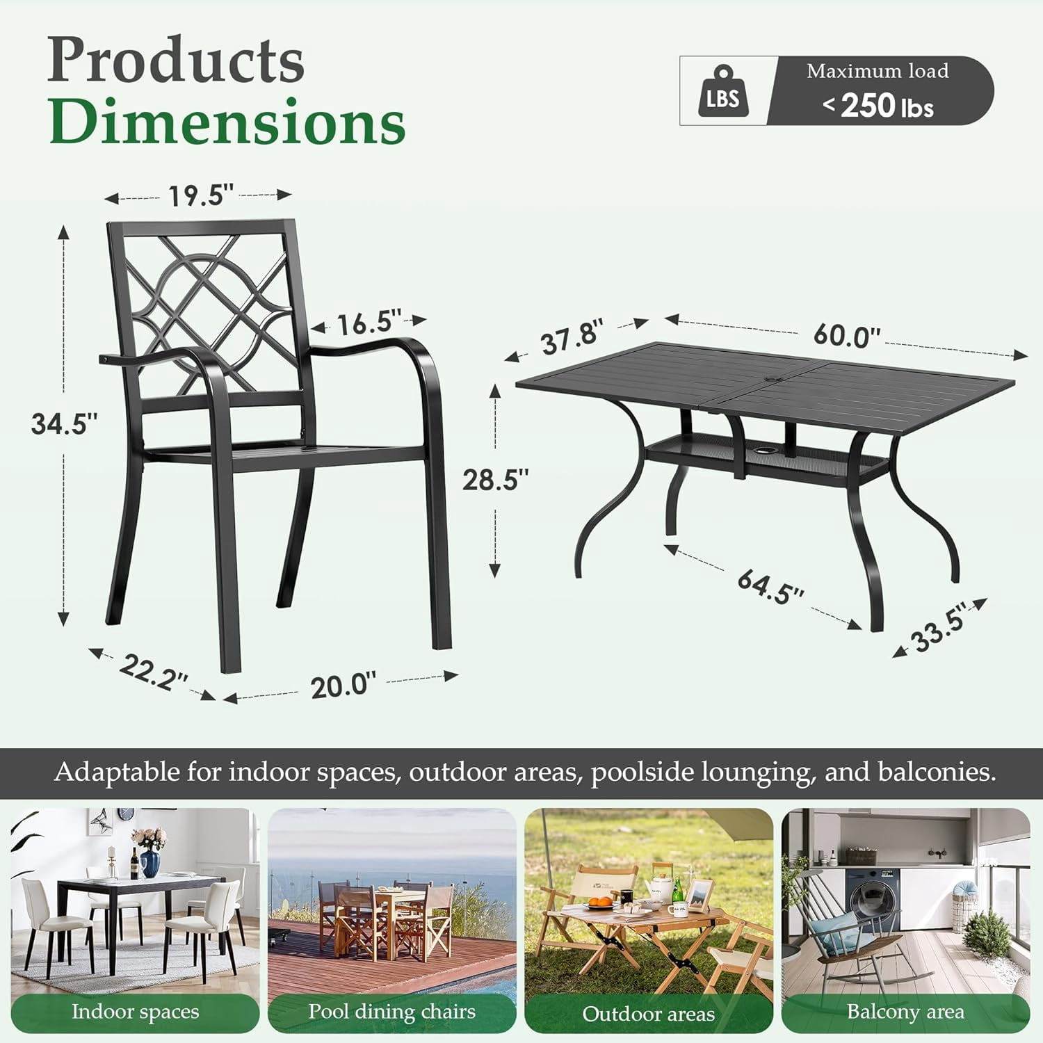 SOLAURA 7 Piece Outdoor Patio Dining Set, Metal Furniture Set Rectangular Dining Table with Umbrella Holes & 6 Stackable Backyard Garden Chairs