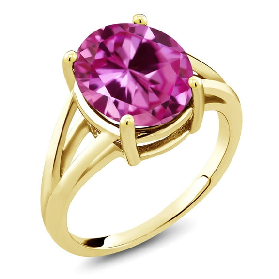 Gem Stone King 18K Yellow Gold Plated Silver Pink Created Sapphire Ring for Women (7.50 Cttw, Gemstone September Birthstone, Oval 12X10MM, Available in Size 5,6,7,8,9)