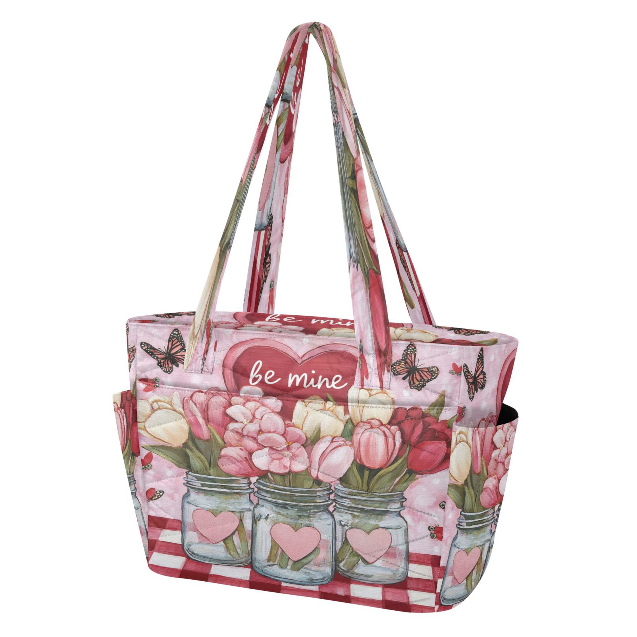 Tote Bag Quilted Tote Bag Women's Tote Handbags Suitable for Work, Beach, Travel and Shopping Valentine's Day Flower Pattern