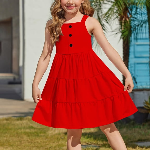 Lutiedan Girls Summer Dresses Spaghetti Strap Button Down Swing Flowy Tiered Midi Dress Sleeveless Summer Casual A-line Sundress with Pockets 2-12 Years
