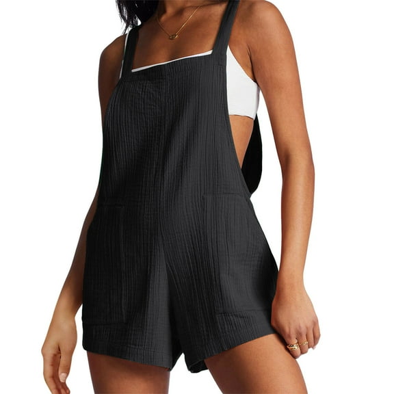 CheerKidz Womens Summer Adjustable Button Jumpsuit Sleeveless Short Wide Leg Romper Pocket Casual Street Style(Black,S)