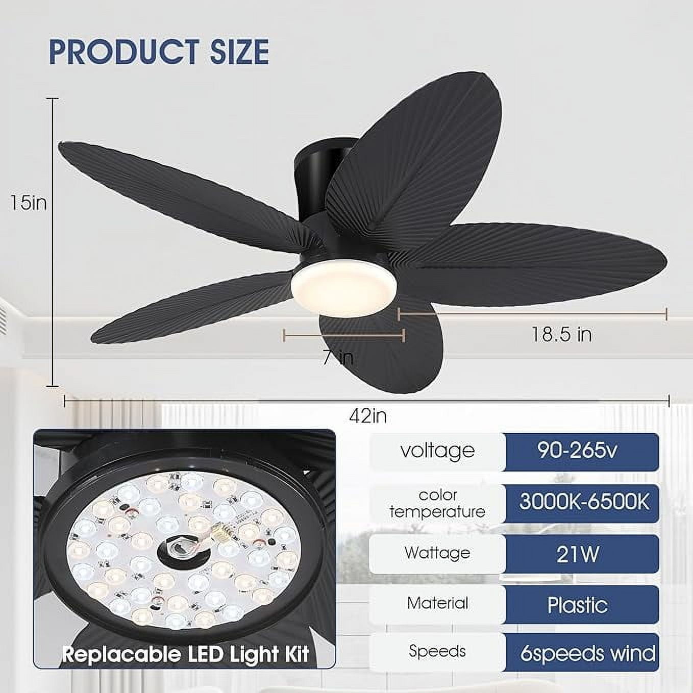 PHORUS 42'' Outdoor Ceiling Fan with Light and Remote,5 Palm Leaf Blades Ceiling Fan,Low Profile Tropical Energy Efficient Ceiling Fans for Outdoor,Indoor,Black