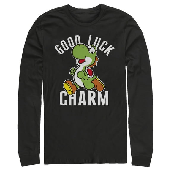 Men's Nintendo Super Mario Yoshi St. Patrick's Good Luck Charm Long Sleeve Shirt Black Large