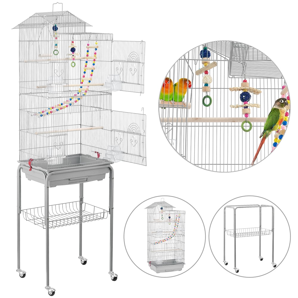 Alden Design 62.4" H Rolling Mid-Size Metal Bird Cage with Perches, Light Gray