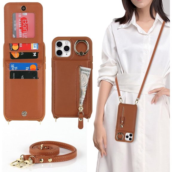 iPhone 11 Pro Max Case for Women with Card Holder,iPhone 11 Pro Max Phone Case Wallet with Strap,Crossbody Lanyard Cases with Credit Card Slots Kickstand with Ring Holder Stand Case,6.5",Brown