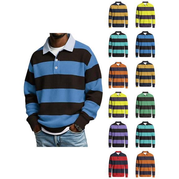 Zynoxe Men's Striped Sweatshirt with Elastic Ribbed Cuffs Classic Lapel Collar Sweatshirt for Men Loose Drop Shoulder Long Sleeve Pullover Top Fashionable Color Block Fall Sweatshirt S