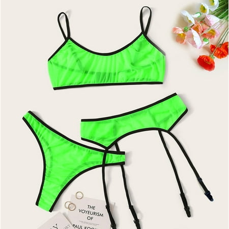 

Fengqque 3Pcs Sexy Lace Wireless Bra Thong Garter Sleepwear Sexy Tow Hook Lingerie Sets